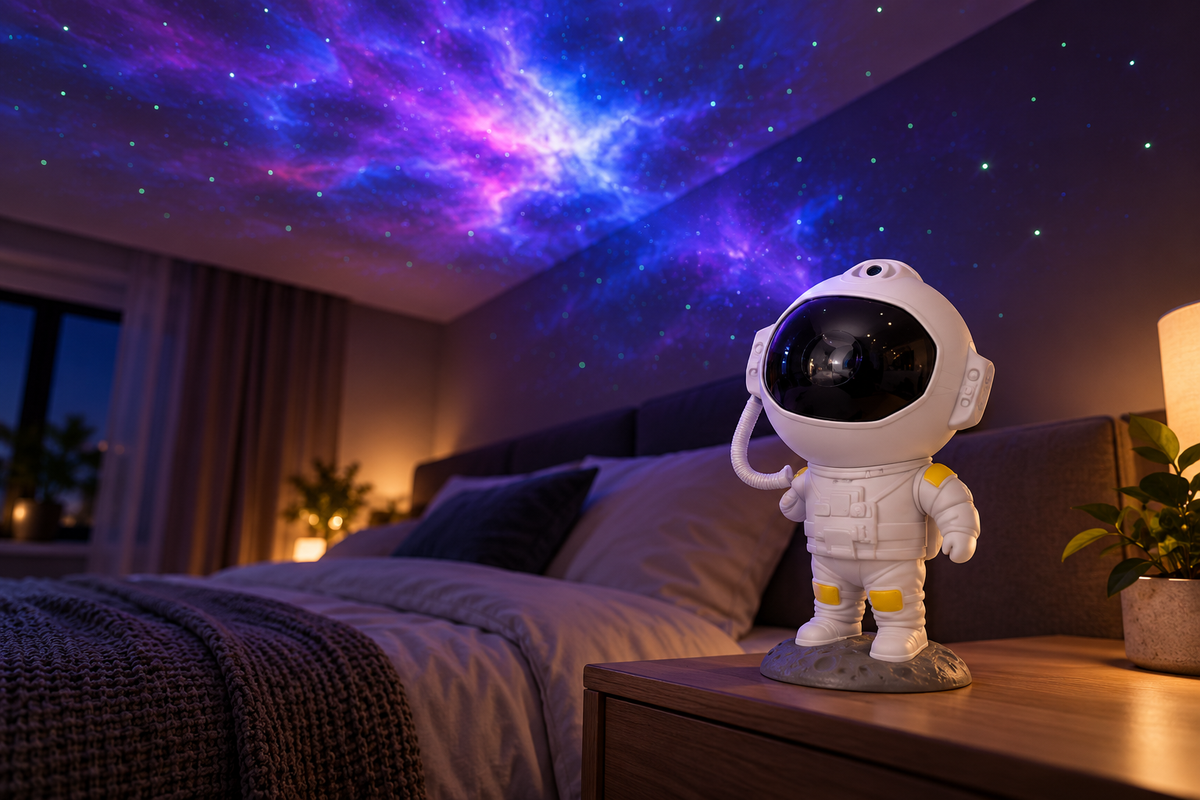 Proyector astronauta en dormitorio, recreación de ambiente