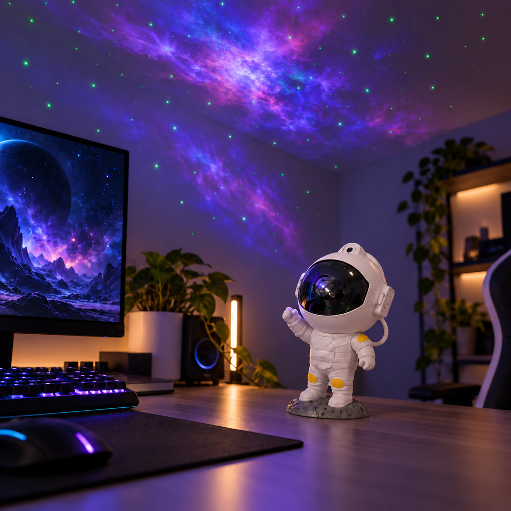 Ambiente gaming con proyección ilustrativa